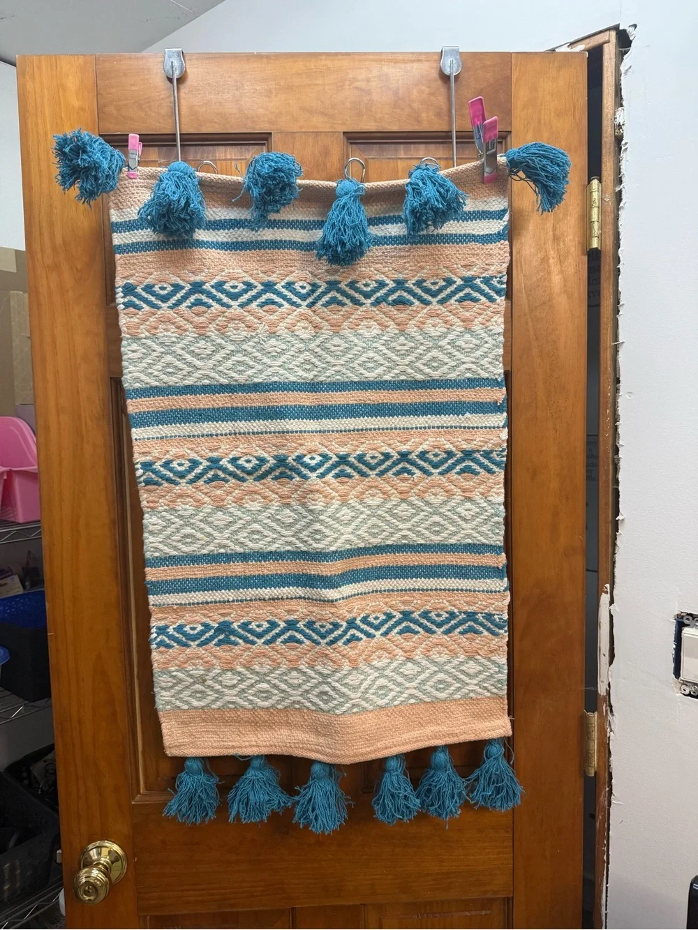 Handwoven Boho Tassel Throw rug in coral, Teal & Cream
